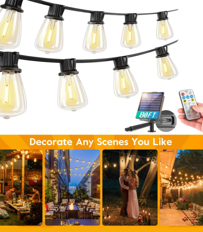 80FT Outdoor Solar String Lights for Patio Waterproof Connectable ST38 LED Light (1)